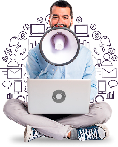 Pessoa com megafone e notebook